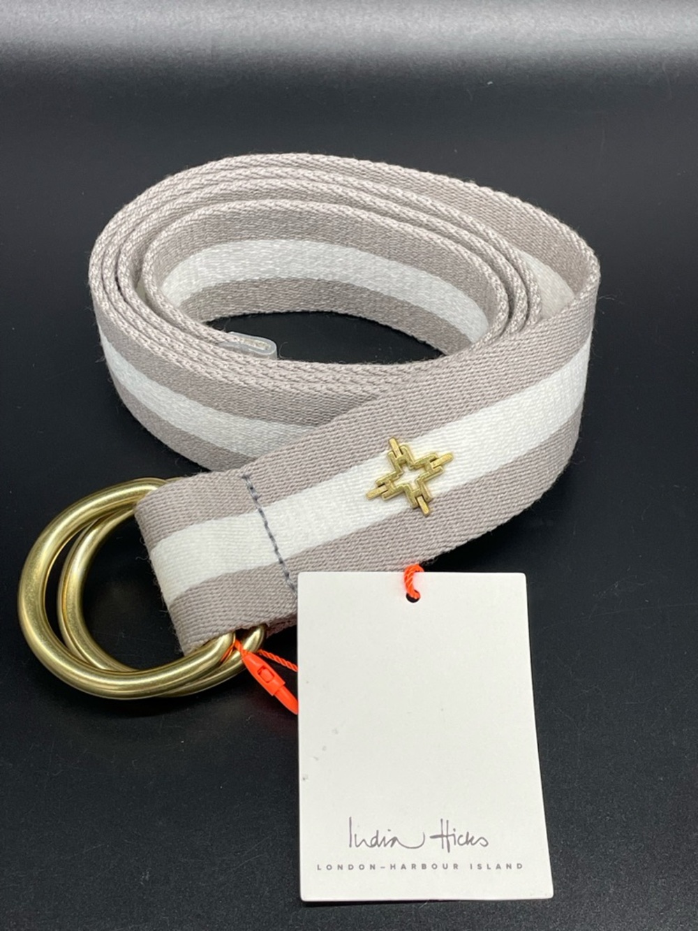 India Hicks Taupe and White Striped D-Ring Belt with Gold Accent, Sz M/L